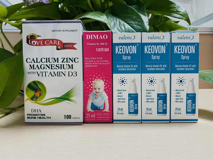 Bộ sản phẩm hỗ trợ điều trị bệnh loãng xương gồm Canxi Lovecare, Dimao vitamin D3 và Keovon vitamin K2